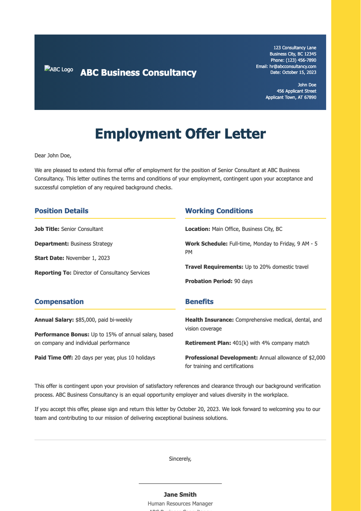 Professional employment offer letter with yellow accents and company branding_variant_3